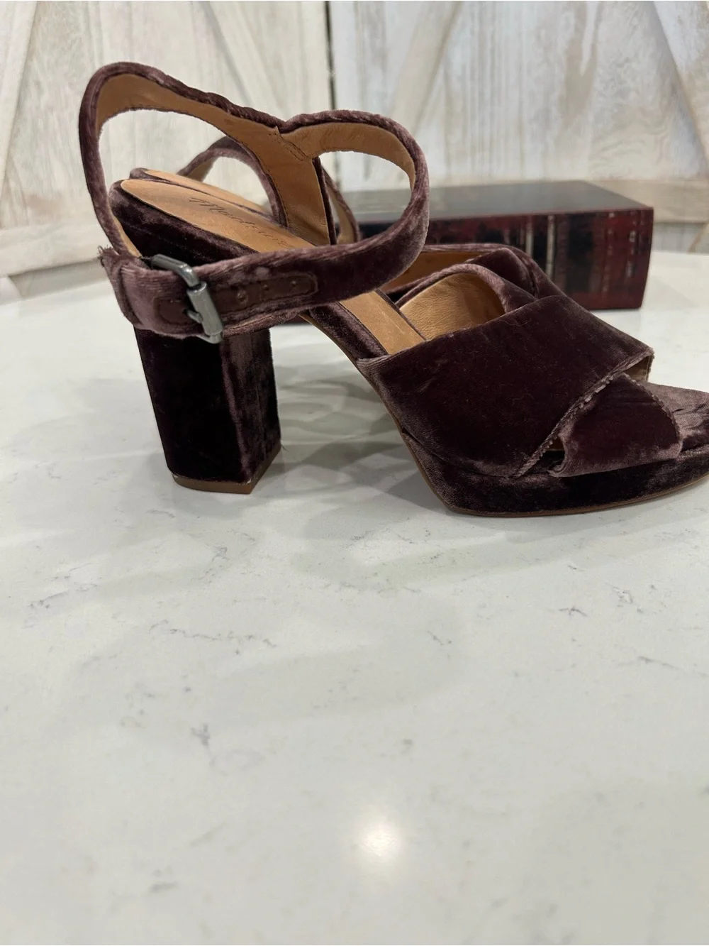 Madewell Deep Plum Velvet Crisscross Platform Sandals